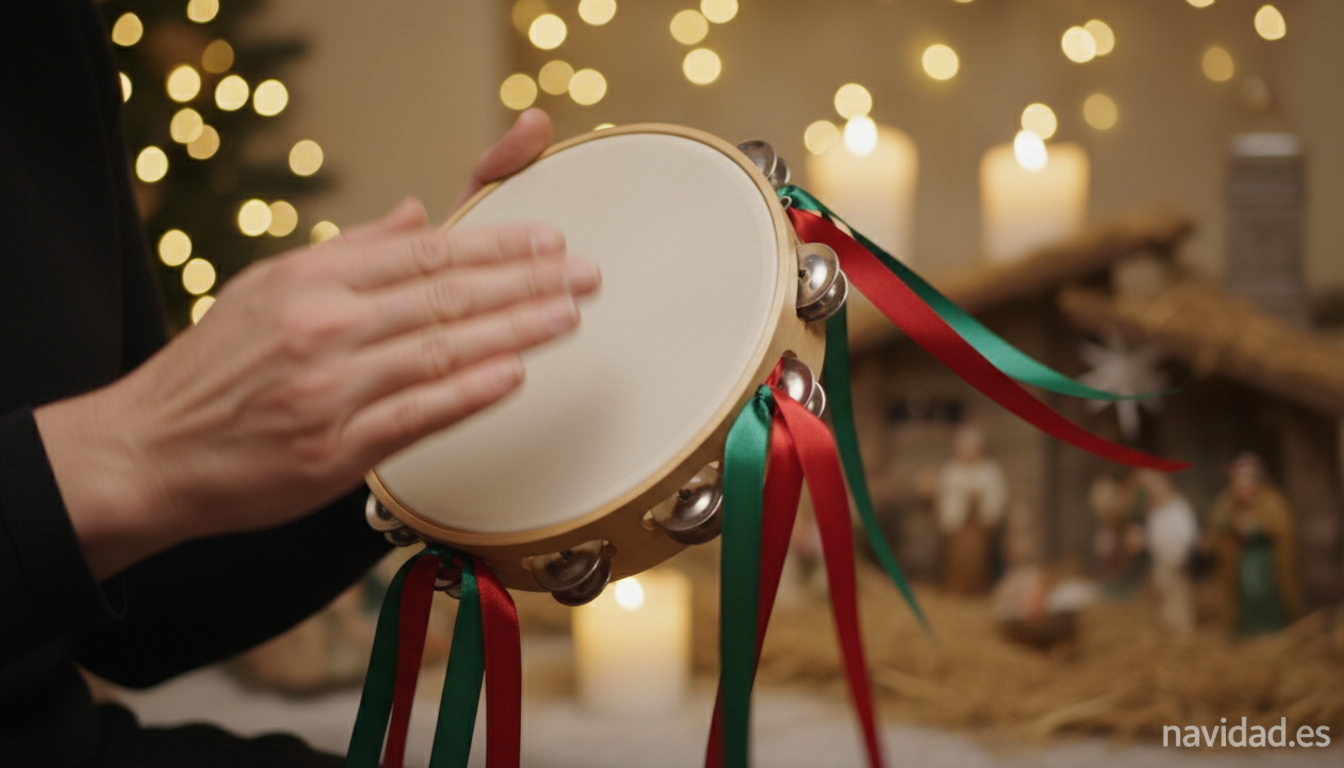 Pandereta tradicional tocada en villancico navideño