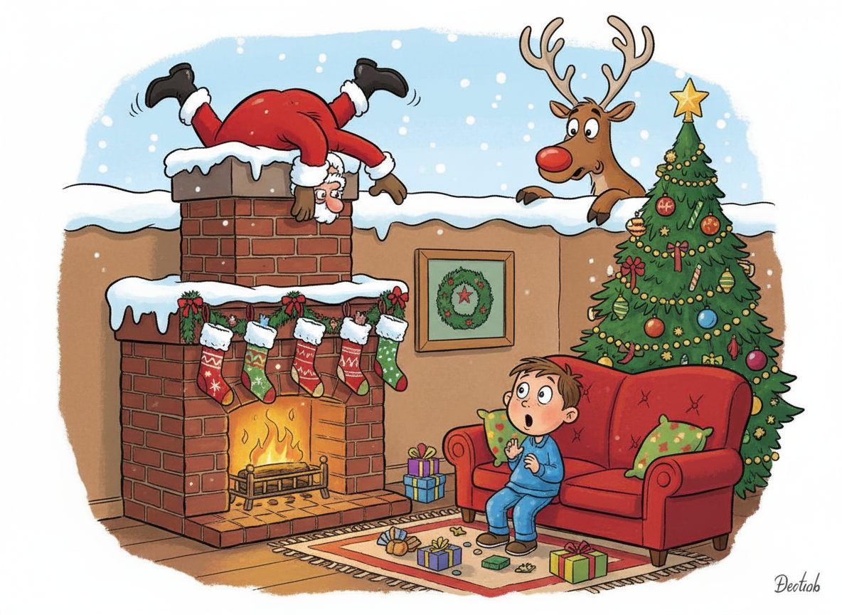 Papá Noel gracioso atascado en la chimenea