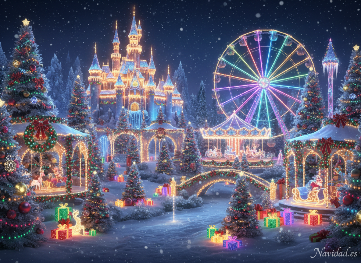 Parque temático estilo Disney decorado para Navidad con castillo iluminado y nieve