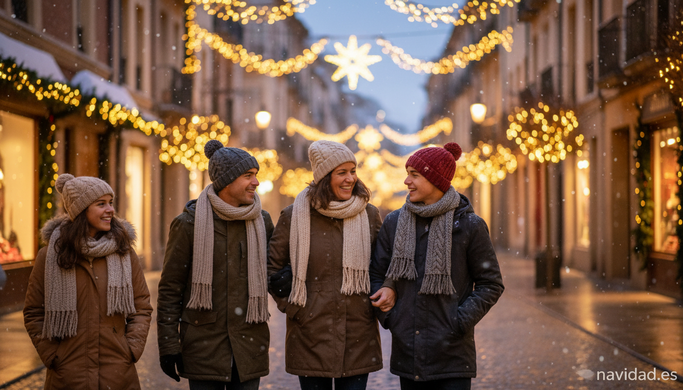 Trucos para no engordar en Navidad 2026: guía completa para disfrutar sin culpa 2 Familia paseando entre luces de Navidad para hacer ejercicio tras la cena