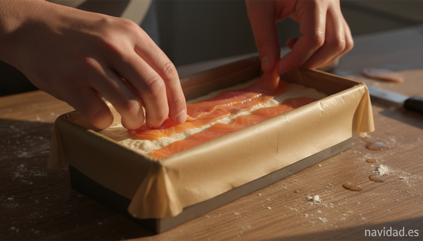 Montando el pastel por capas: colocando láminas de salmón sobre la crema de lenguado