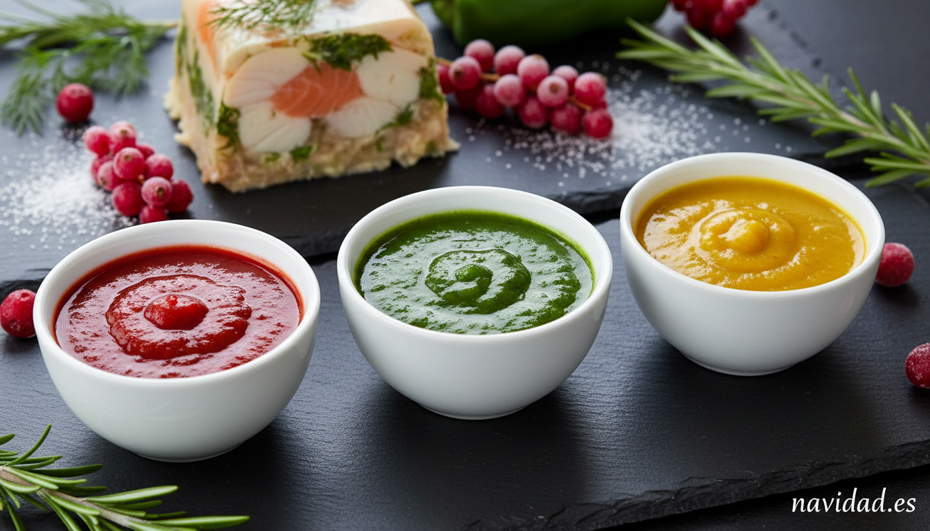 Salsa tricolor de pimientos (rojo, verde y amarillo) para acompañar el pastel de pescado