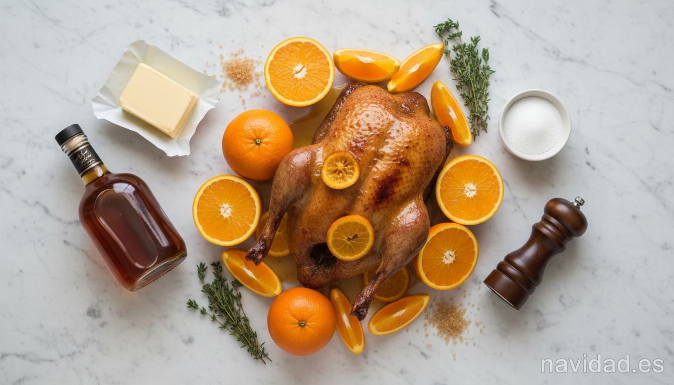 Ingredientes del pato a la naranja: naranjas, mantequilla, coñac y tomillo