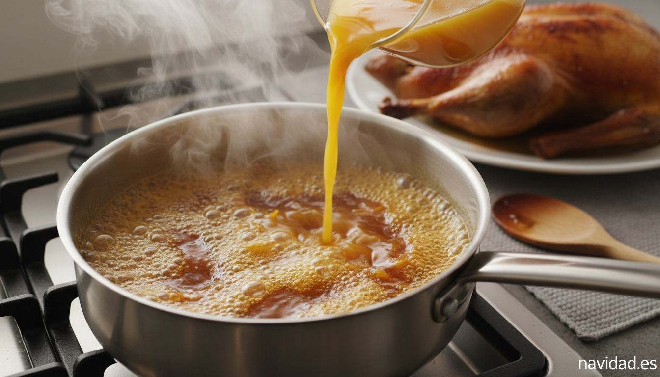 Preparando la salsa de naranja y caramelo para el pato
