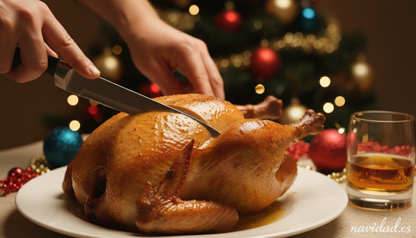 Receta de pavo al whisky: la versión humorística más famosa de Navidad 1 Detalle de pavo al whisky siendo trinchado para la cena de Navidad