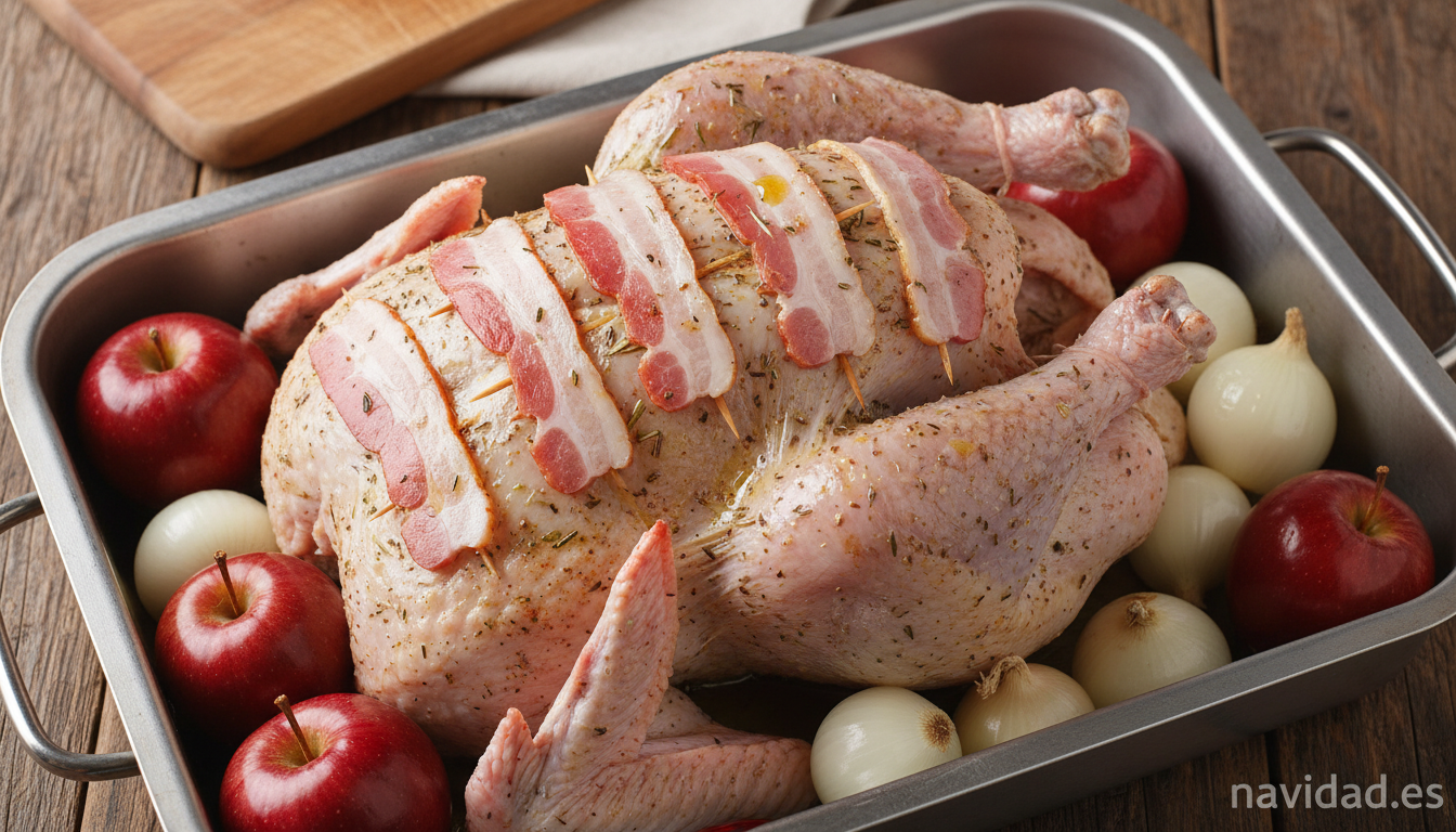 Pavo sazonado con tocino mechado y manzanas listo para entrar al horno