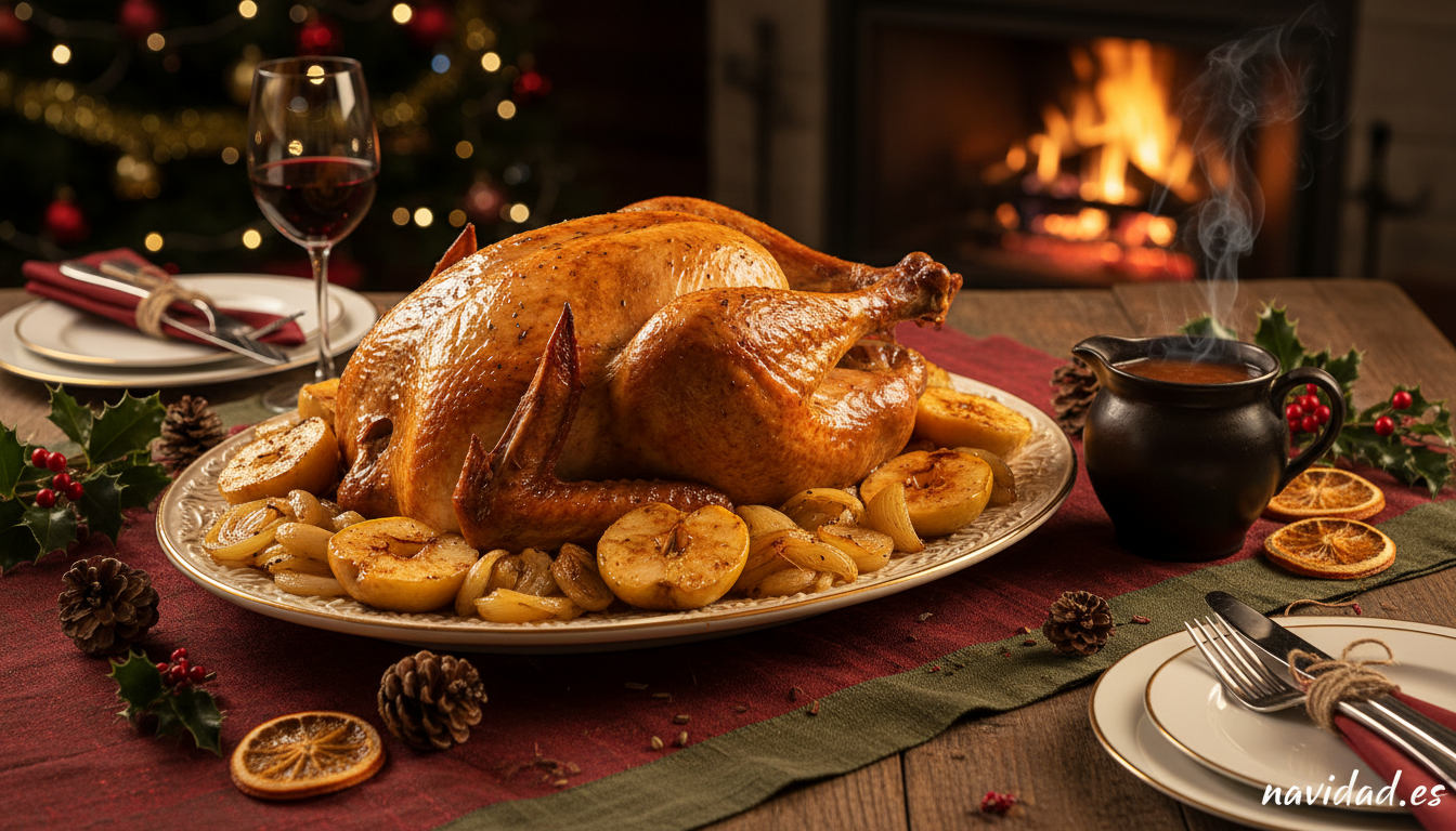 Pavo trinchado servido con manzanas asadas, cebollitas y su propio jugo