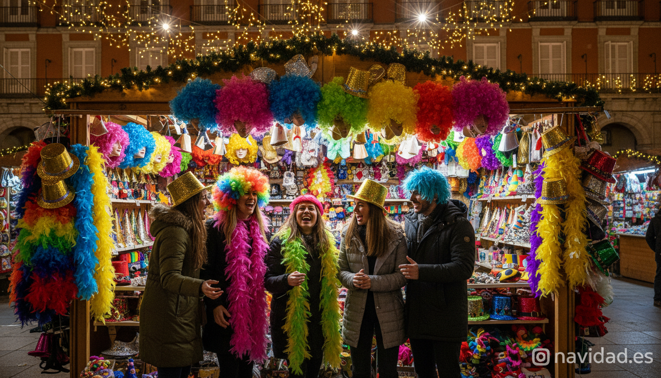 Mercado Navideño de la Plaza Mayor de Madrid 2026: guía completa 2 Puesto de pelucas y cotillón de Nochevieja en el Mercado Navideño de la Plaza Mayor de Madrid