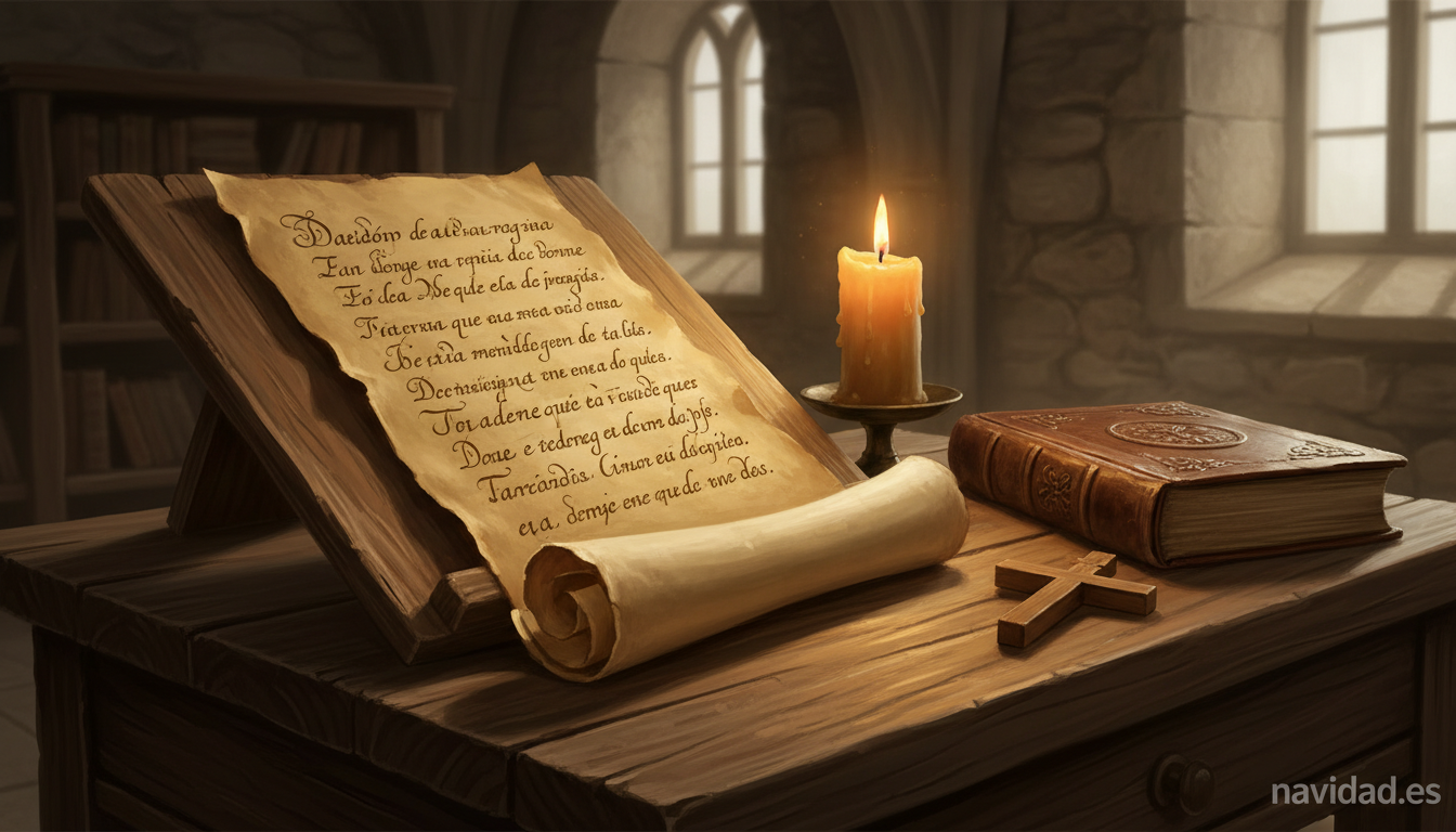 Romance del Nacimiento de San Juan de la Cruz: texto y análisis 1 Pergamino antiguo con caligrafía del Siglo de Oro junto a una vela, evocando la composición de los Romances de San Juan de la Cruz