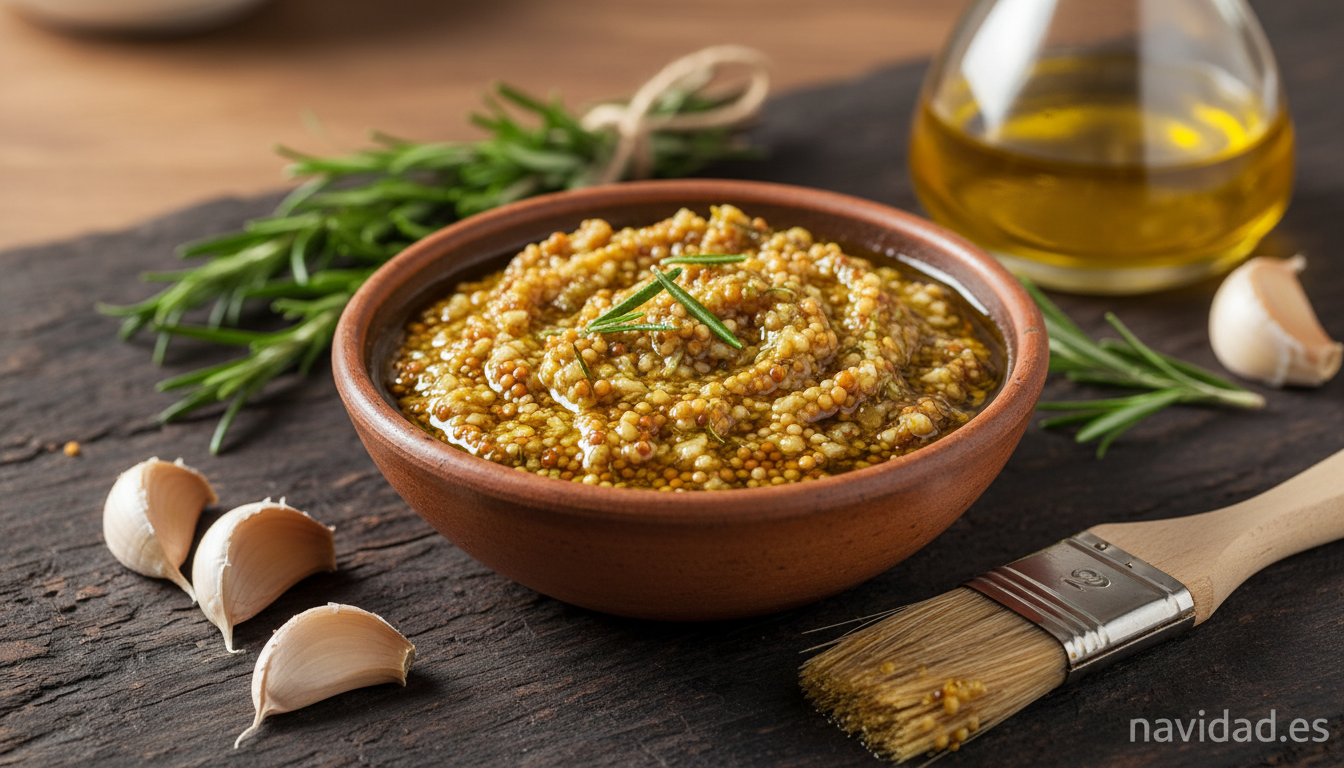 Marinado de mostaza en grano, ajo y romero para la pierna de cerdo
