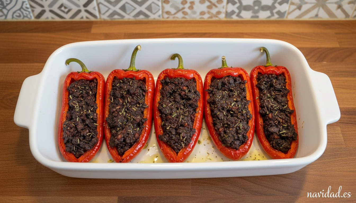 Pimientos del piquillo rellenos de morcilla gratinados con bechamel 2 Pimientos del piquillo rellenos de morcilla alineados en fuente antes de gratinar