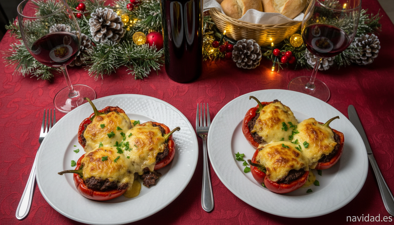 Pimientos del piquillo rellenos de morcilla gratinados con bechamel 3 Pimientos rellenos de morcilla gratinados servidos en platos individuales