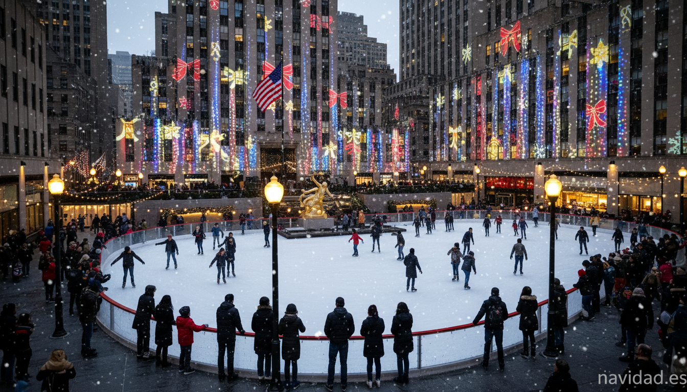 Pista de patinaje del Rockefeller Center en Navidad con familias disfrutando