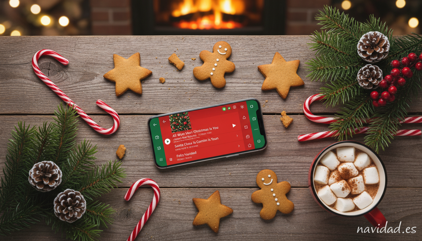 Música navideña: las mejores canciones para ambientar tus fiestas 1 Playlist de música navideña en el móvil junto a decoración de Navidad