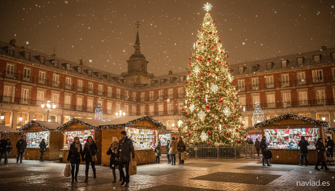 Plaza Mayor de Madrid con mercadillo navideño y arbol iluminado