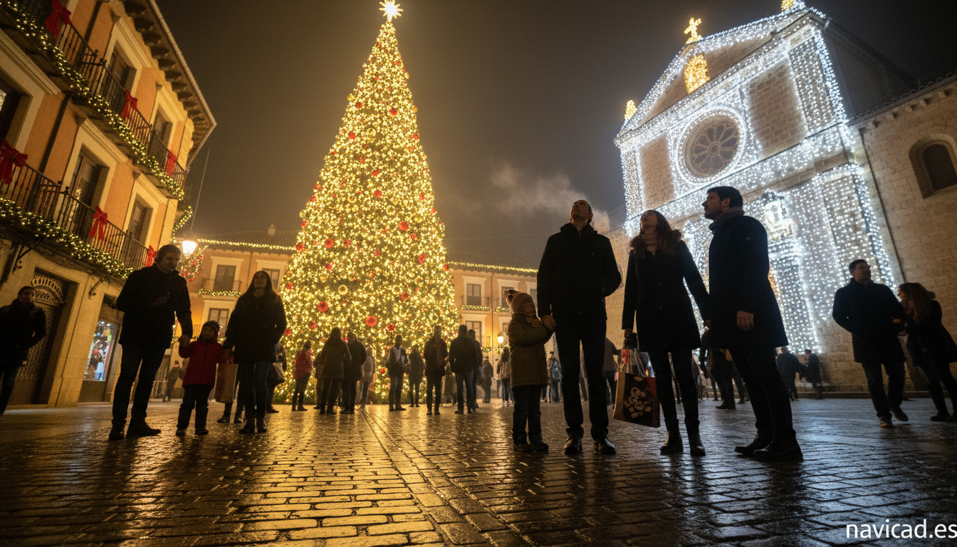 Plaza de un pueblo español decorada con luces y árbol de Navidad gigante al fondo