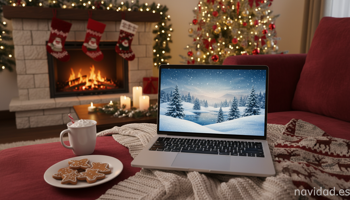 Tema de Navidad para escritorio: cómo personalizar tu PC en fiestas 2 Portátil en salón navideño mostrando salvapantallas de invierno con nieve cayendo