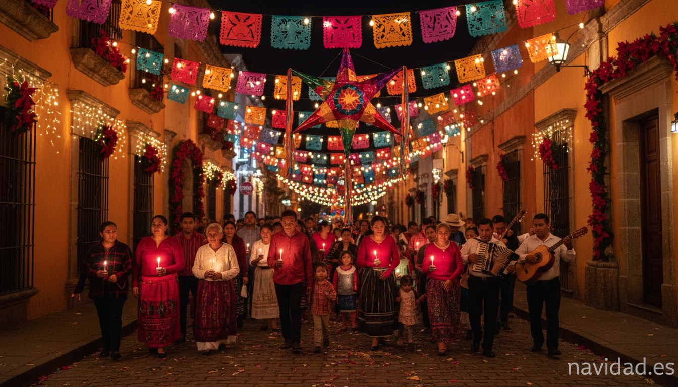 Posada navideña mexicana con farolillos, piñata y papel picado en las calles