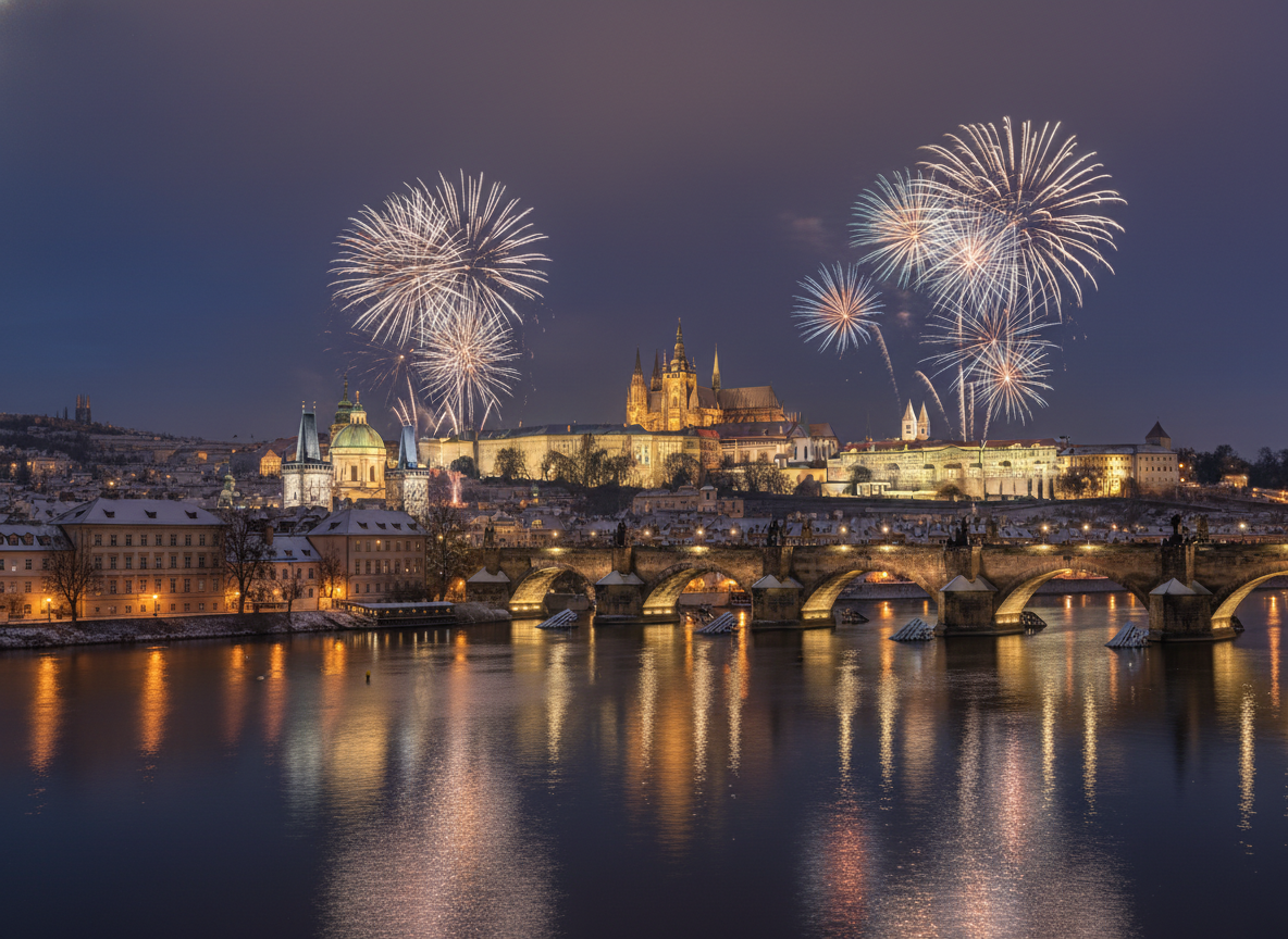 10 viajes en fin de año inolvidables: los mejores destinos para Nochevieja 2 Praga en Nochevieja con fuegos artificiales sobre el Puente de Carlos