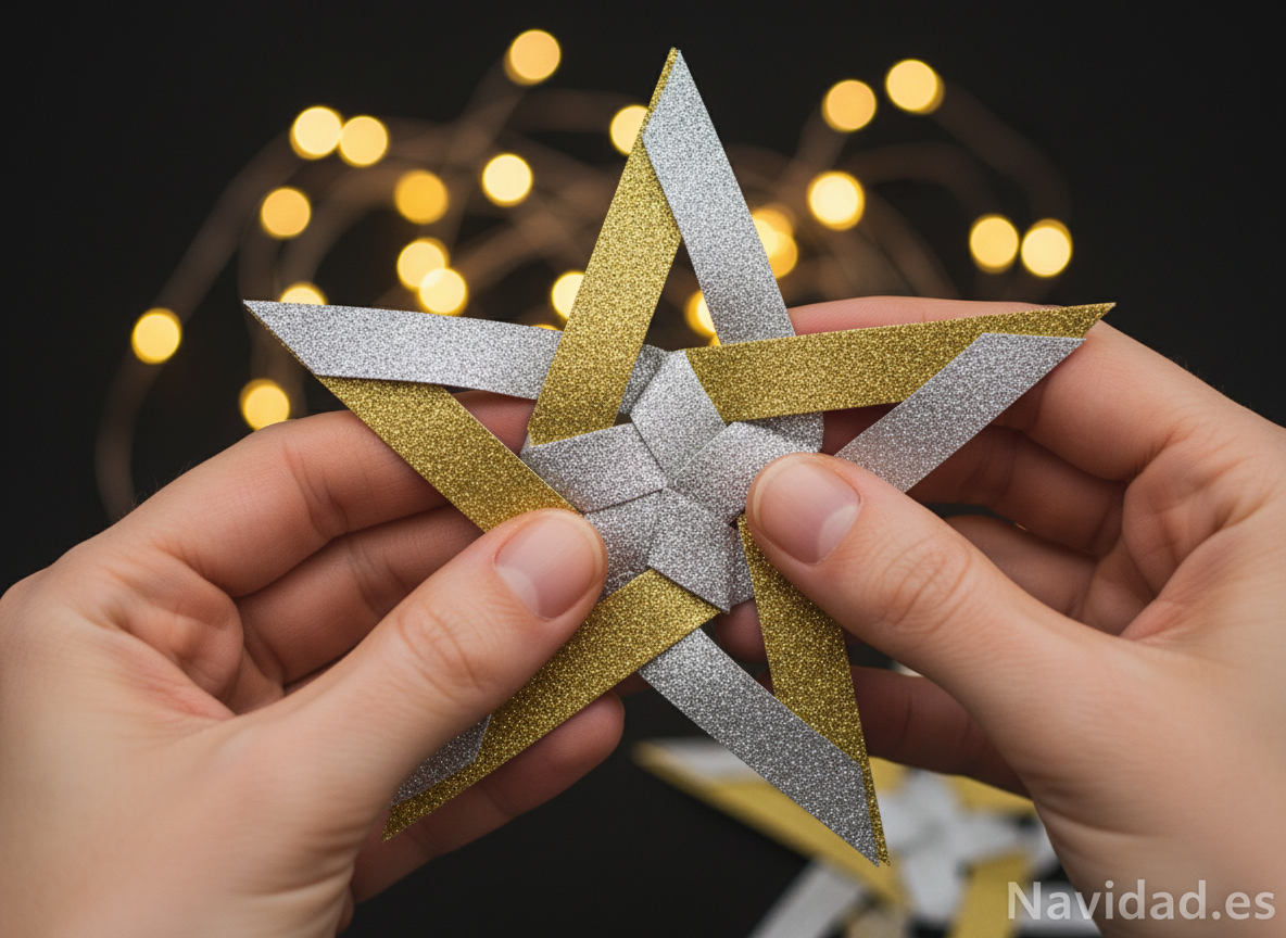 Cómo hacer una estrella de Navidad casera paso a paso: guía DIY completa 2 Proceso de entretejido de tiras de cartulina para formar la estrella de Navidad