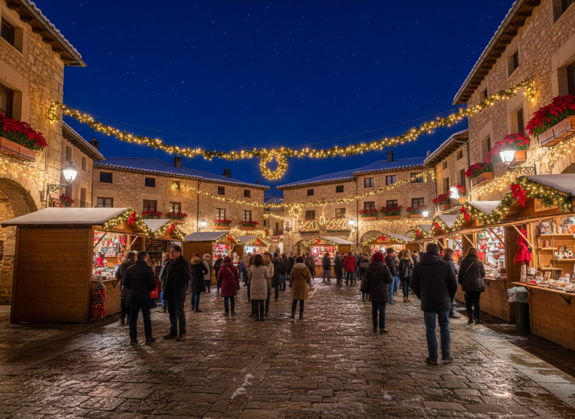 Los pueblos más bonitos de España para visitar en Navidad 1 Pueblo medieval español decorado para Navidad con iluminación y mercadillo