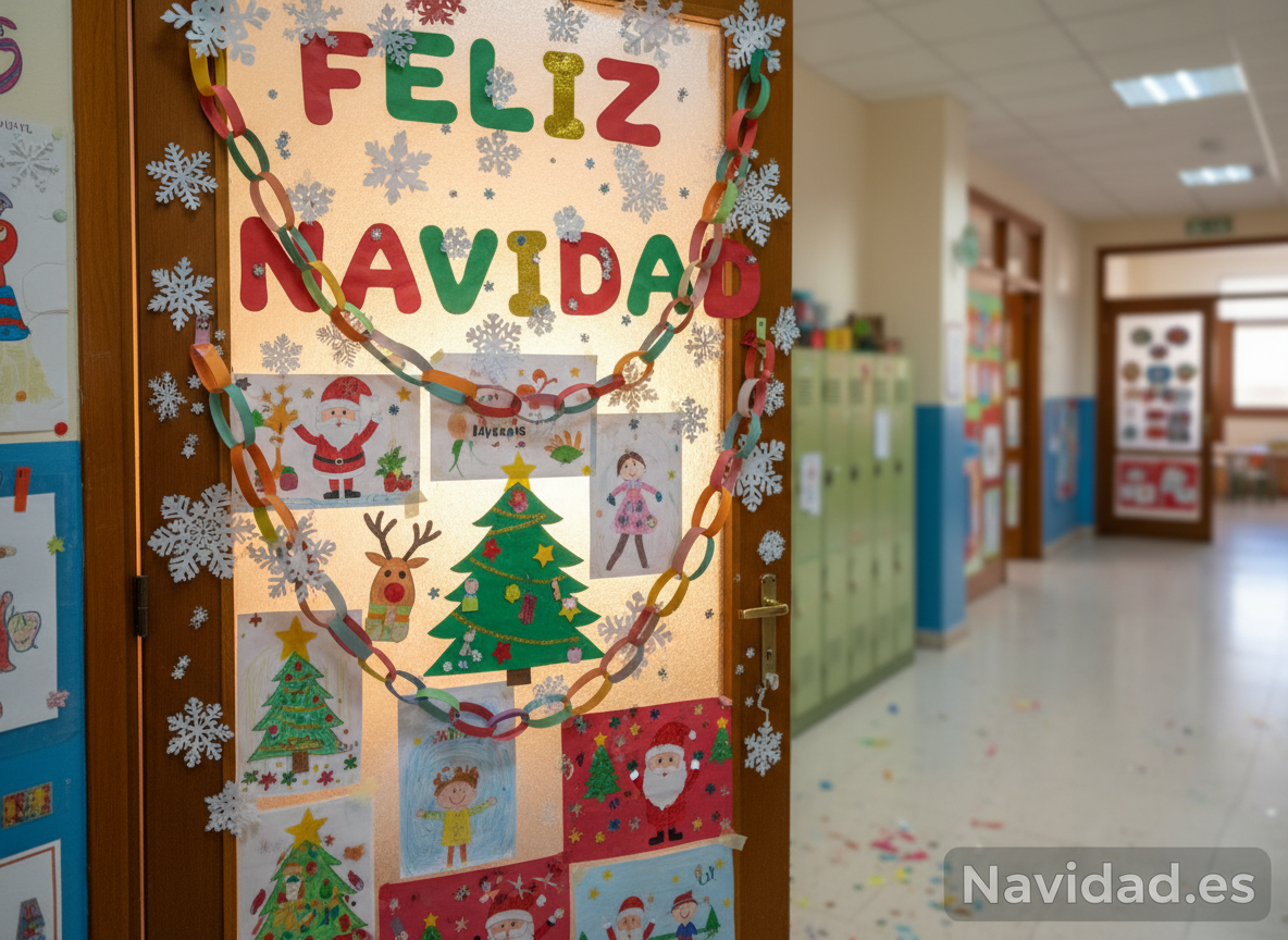 Ideas para decorar puertas de Navidad en casa y en la escuela 3 Puerta de escuela decorada para Navidad con manualidades de niños