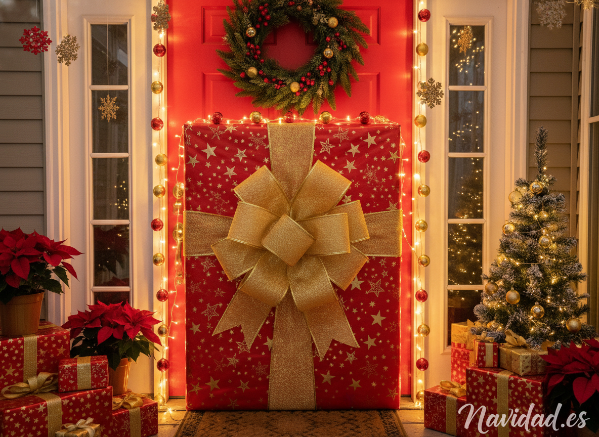 Ideas para decorar puertas de Navidad en casa y en la escuela 2 Puerta decorada como regalo gigante de Navidad con papel y lazo dorado