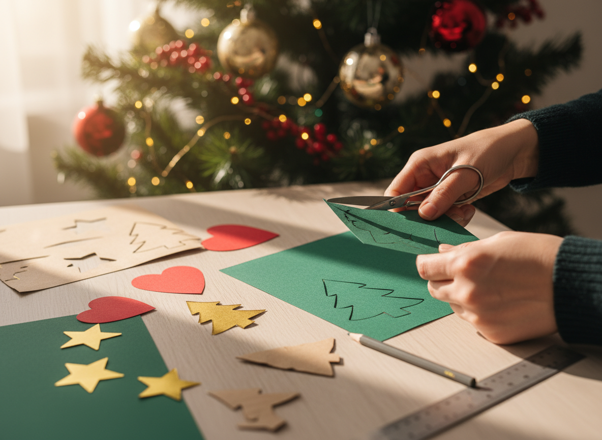 Manos recortando figuras navideñas de cartulina para hacer una guirnalda casera