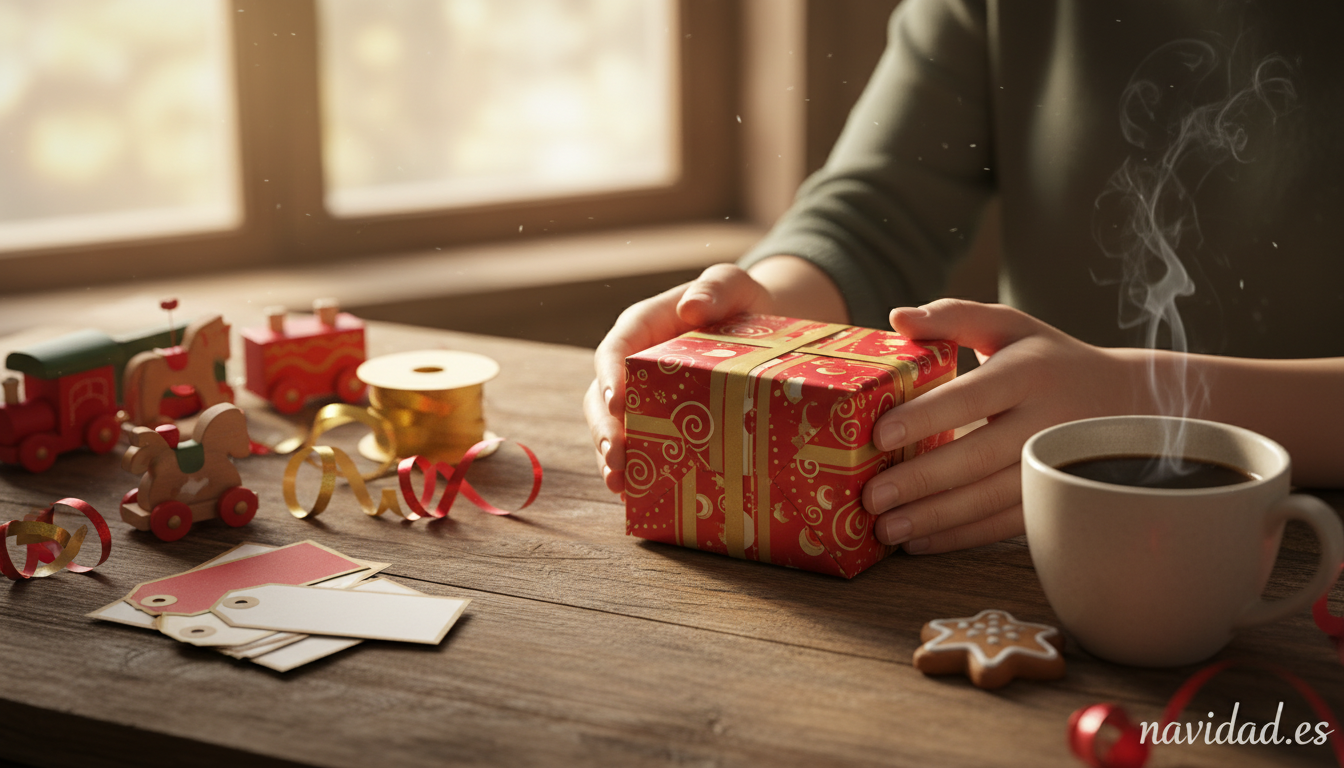 Manos envolviendo un regalo solidario de Navidad con papel rojo y dorado