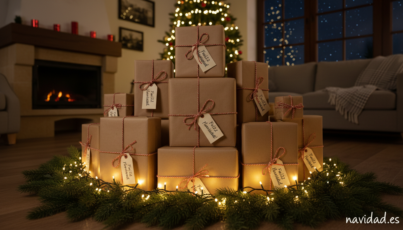 Cómo ahorrar en Navidad 2026: 10 consejos útiles para no arruinarte 2 Regalos navideños envueltos con papel kraft bajo el árbol de Navidad