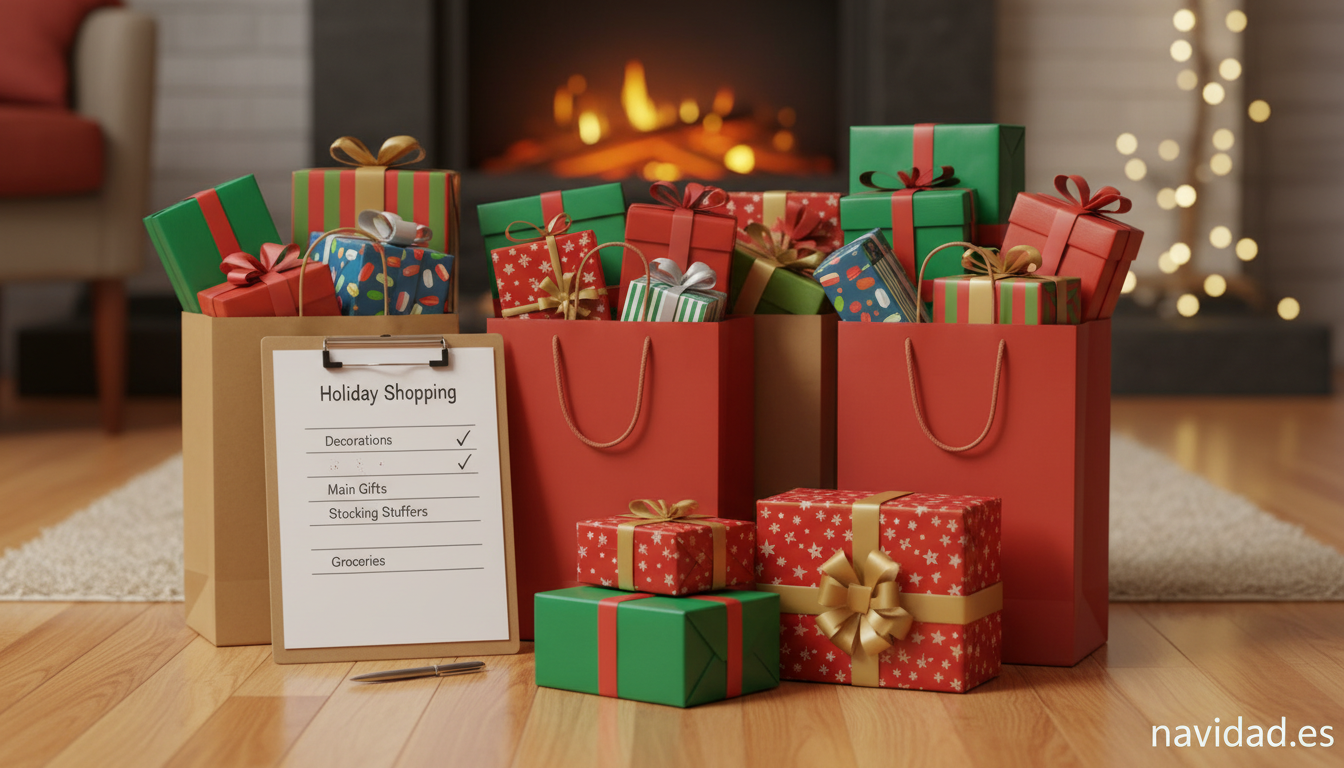 Regalos de Navidad organizados en bolsas con lista de compras completada