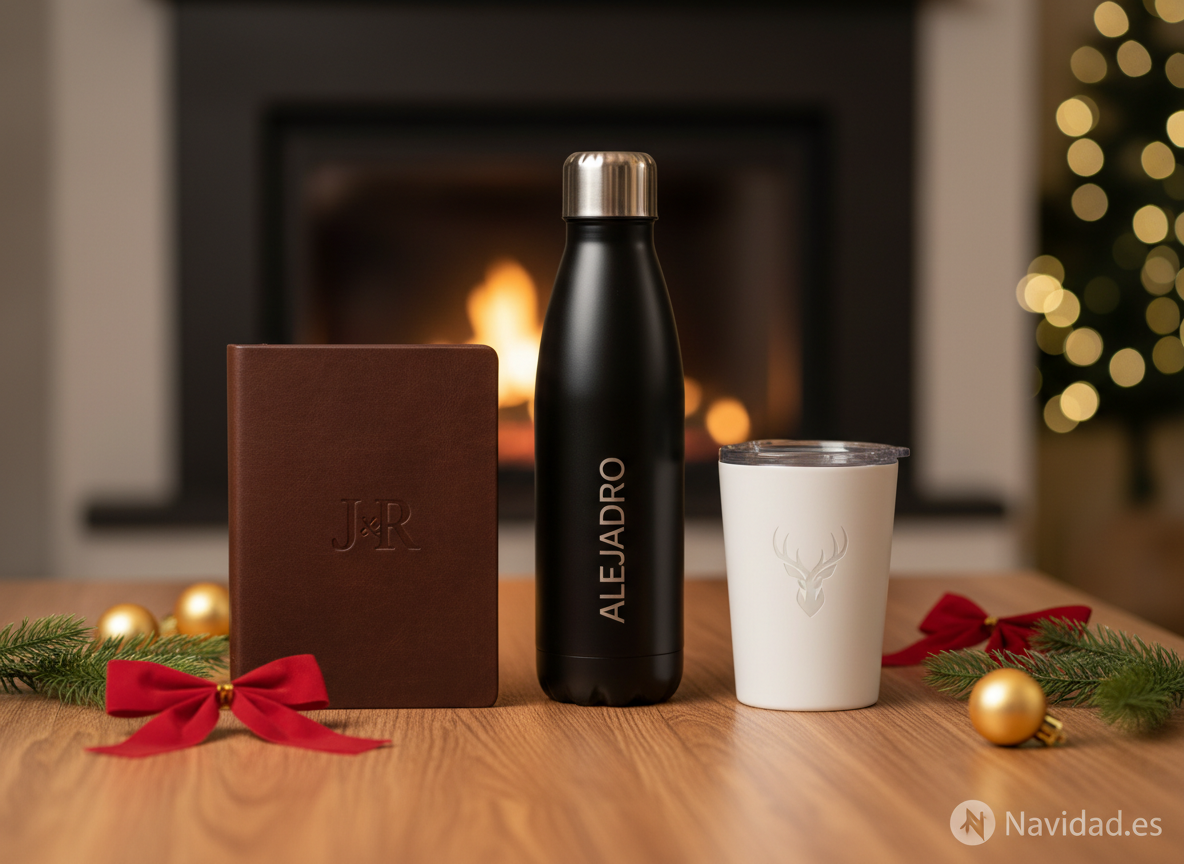 Regalos de empresa por Navidad 2026: ideas útiles para sorprender a equipos y clientes 2 Regalos corporativos personalizados para Navidad 2026: botella térmica, cuaderno y taza con nombre