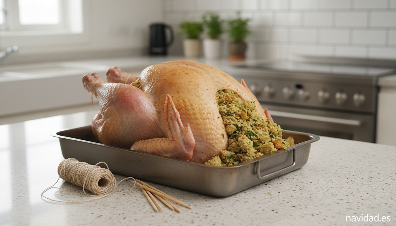 Relleno de pavo navideño: receta con manzana, salchichas y hierbas 3 Pavo con la cavidad rellena de pan y hierbas listo para asar
