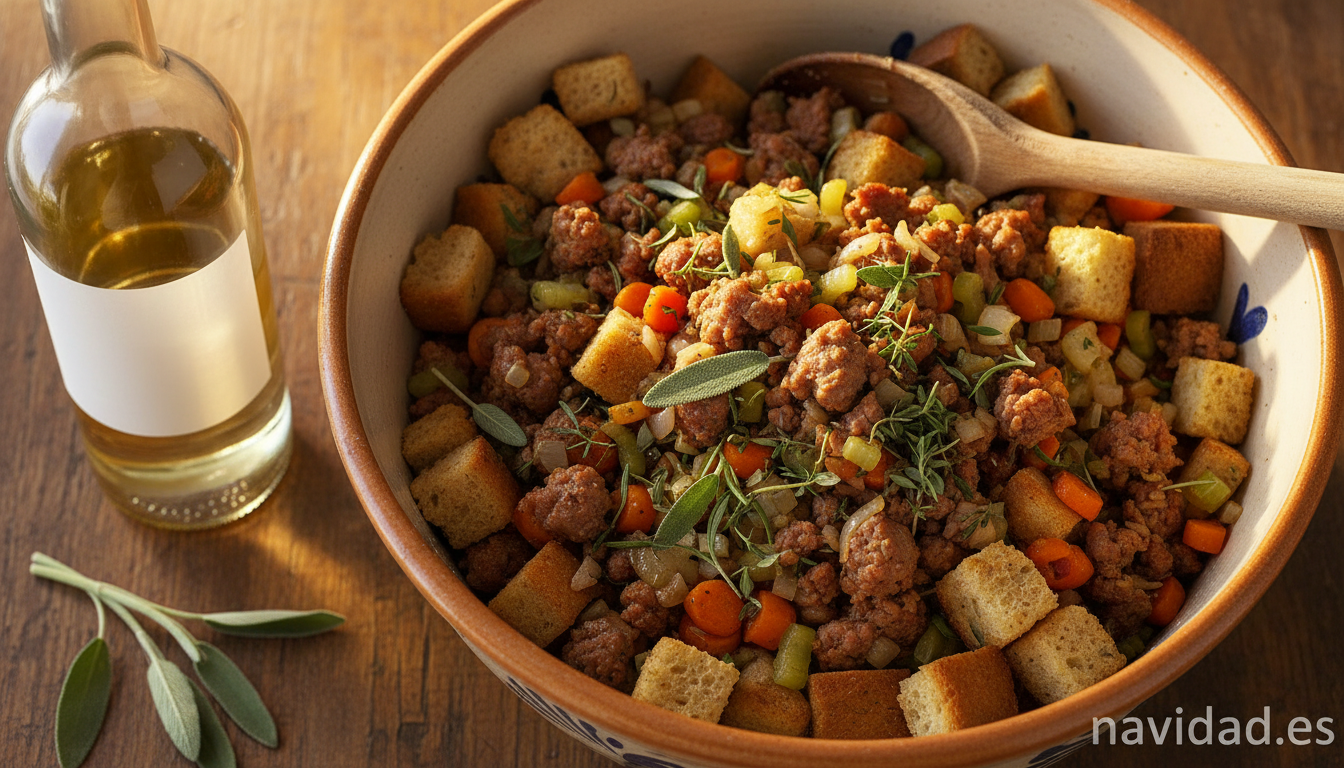 Relleno de pavo navideño: receta con manzana, salchichas y hierbas 2 Bol con la mezcla del relleno de pavo: pan, salchichas, verduras y hierbas