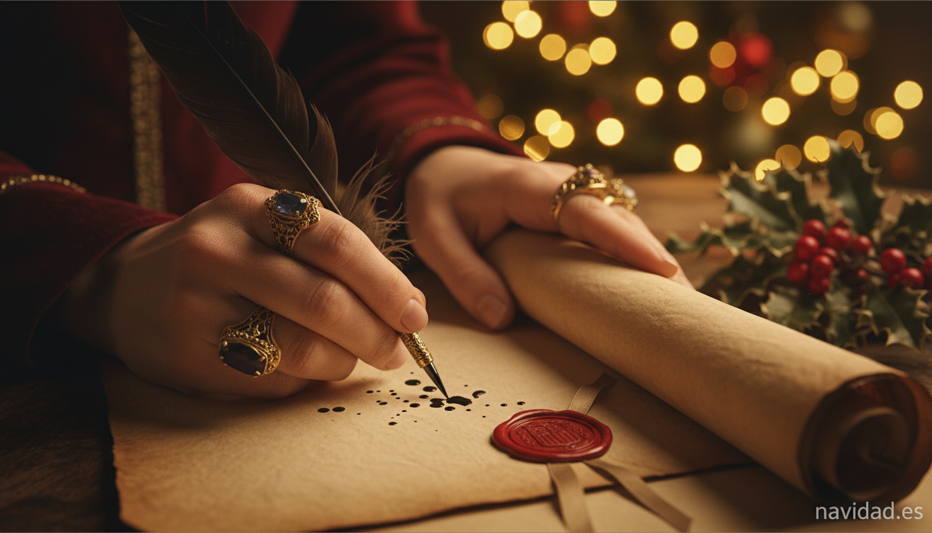Respuesta de los Reyes Magos a Jaimito: la carta más divertida 1 Manos reales escribiendo la respuesta de los Reyes Magos a Jaimito con pluma sobre pergamino