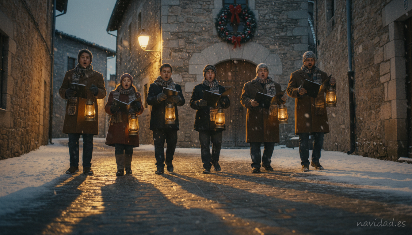 Historia del villancico: origen, evolución y curiosidades de un símbolo navideño 2 Grupo cantando villancicos por las calles nevadas de un pueblo español en Navidad