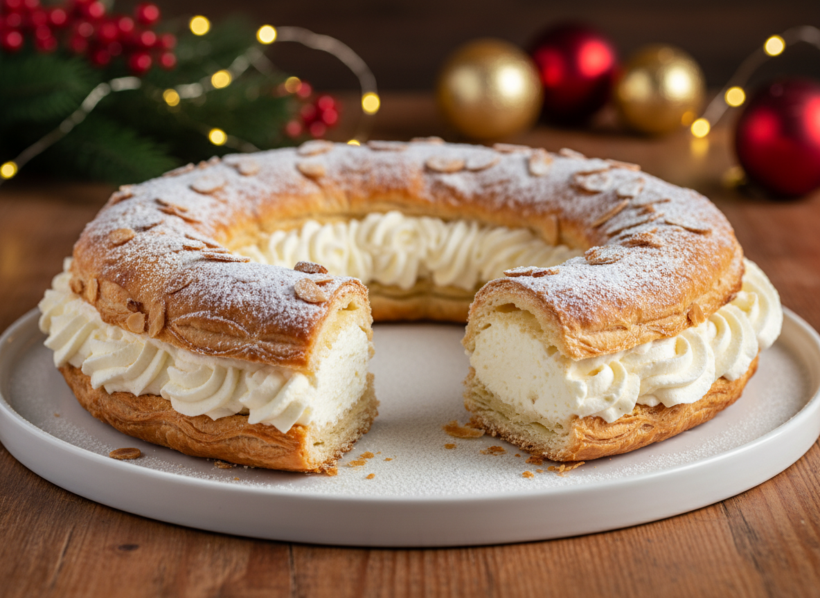 Roscón de Reyes de hojaldre con nata montada y almendra