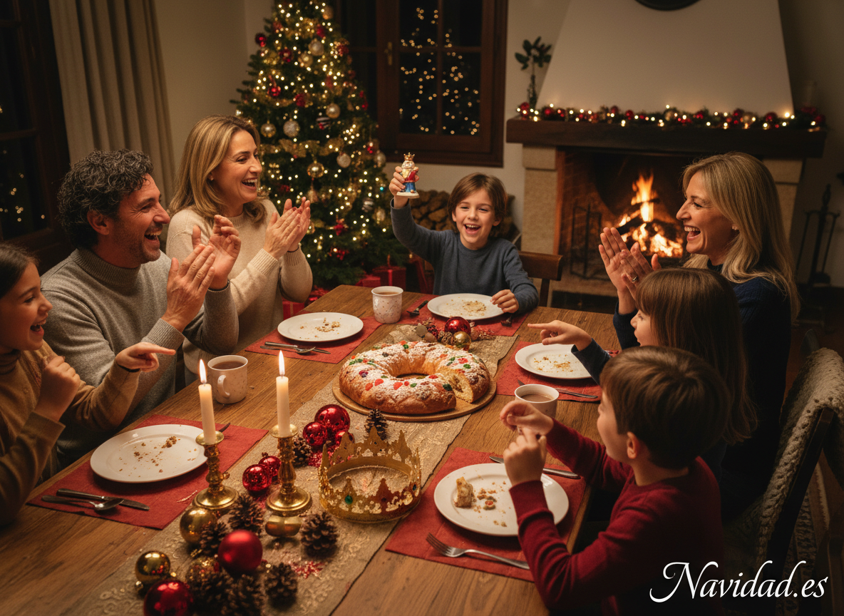Familia española partiendo el Roscón de Reyes el día de Reyes Magos