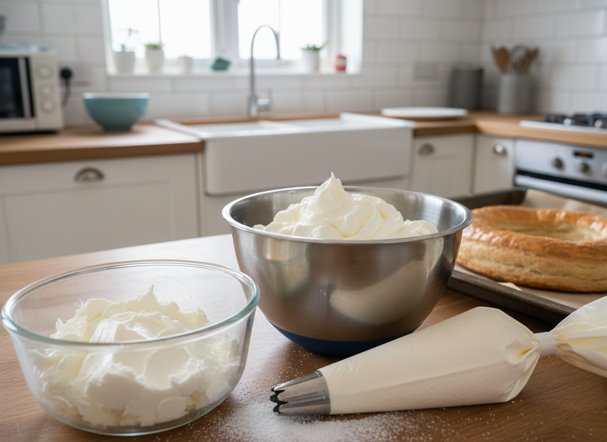 Nata montada con queso crema lista para rellenar el roscón de hojaldre