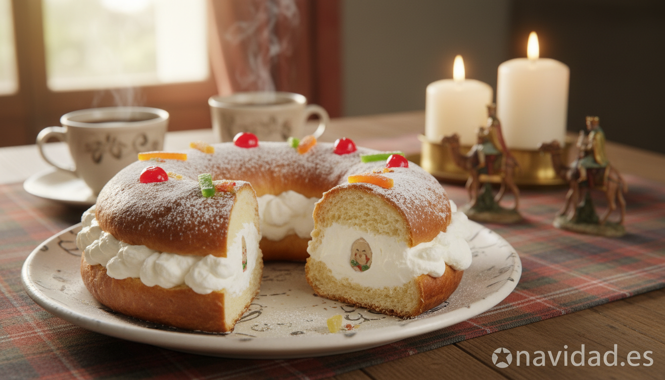 Roscón de Reyes casero: receta tradicional con todos los secretos 2 Roscón de Reyes casero cortado relleno de nata montada