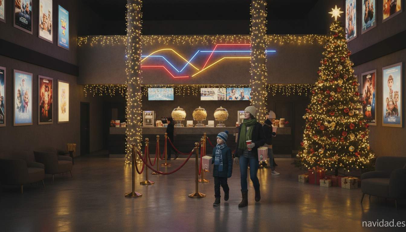 Cine en Navidad 2026: las mejores peliculas para ver en familia 2 Sala de cine decorada para Navidad con arbol y publico familiar