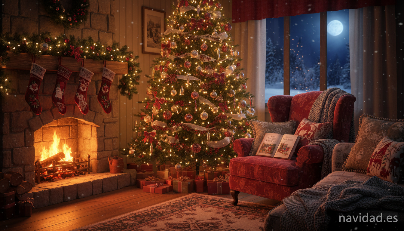 Salón navideño con libro de cuentos junto a la chimenea