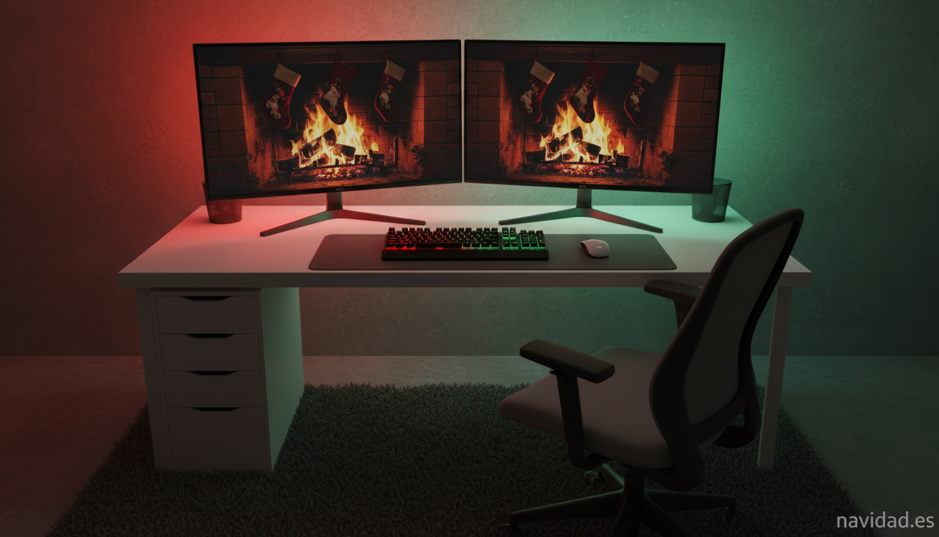 Salvapantallas navideño: los mejores para tu ordenador en 2026 2 Configuración de doble monitor con salvapantallas navideño de chimenea animada