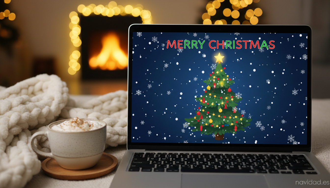 Salvapantallas navideño: los mejores para tu ordenador en 2026 1 Detalle de un portátil con salvapantallas navideño de copos de nieve y árbol de Navidad