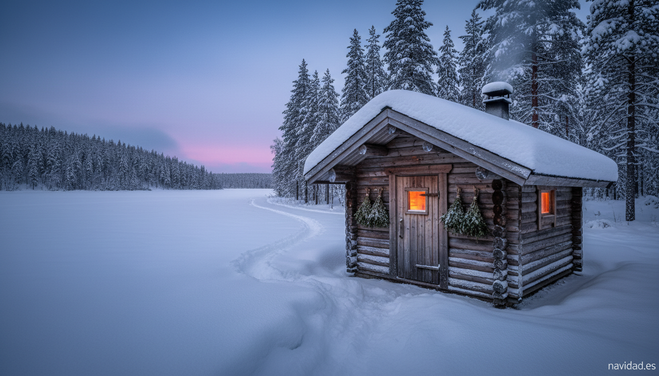 Sauna finlandesa tradicional en Nochebuena, el joulusauna junto al lago