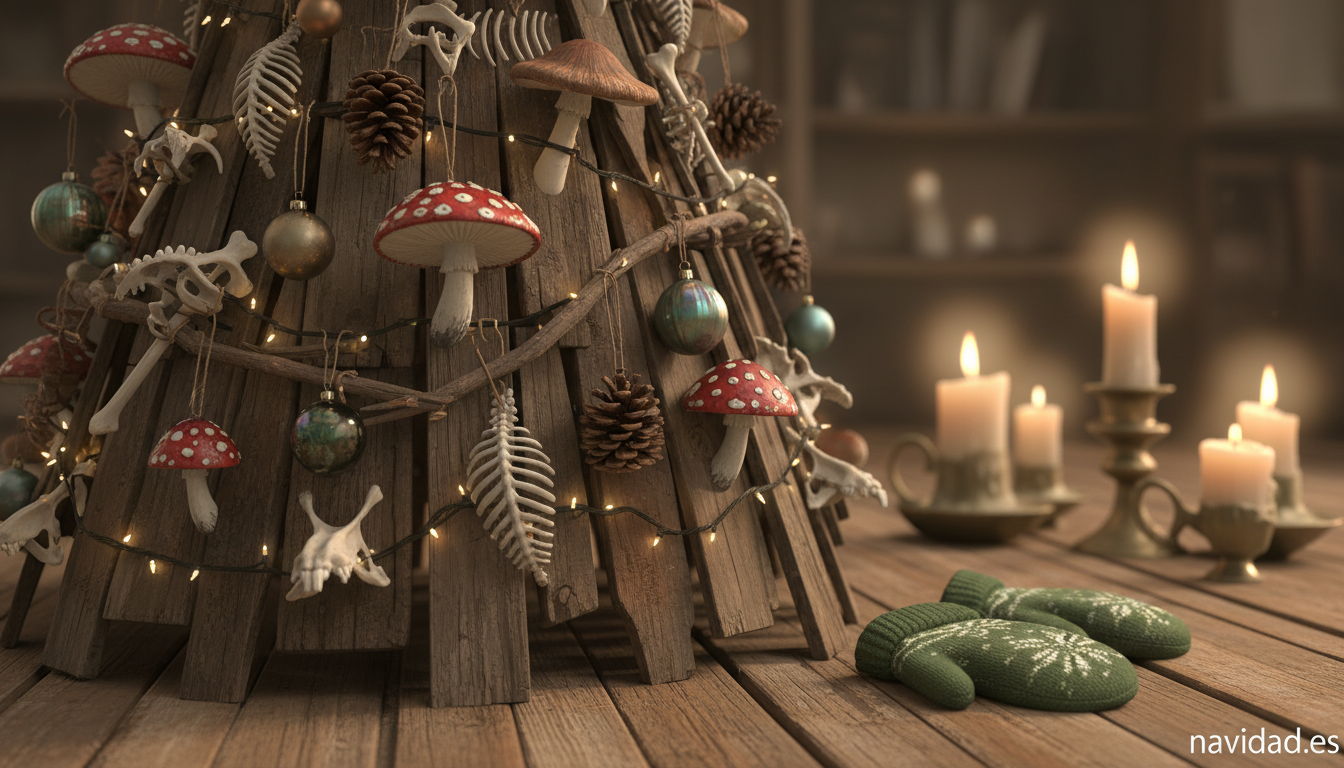 Detalle de un arbol navideno decorado al estilo ogro en el pantano de Shrek
