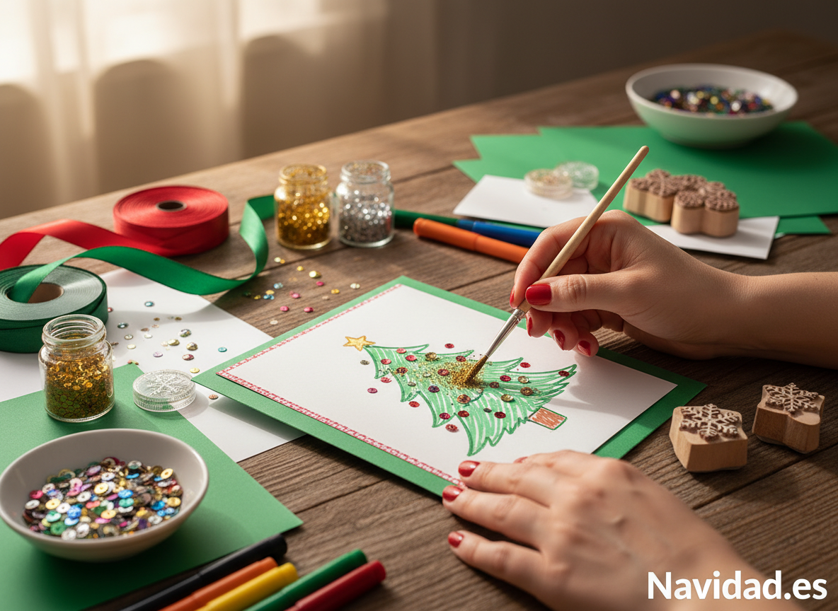 Manos decorando una tarjeta de Navidad hecha a mano con materiales creativos