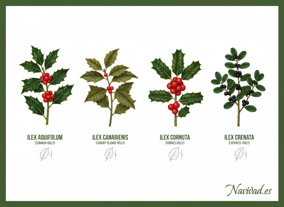 Comparativa de variedades de acebo: Ilex aquifolium, canariensis, cornuta y crenata