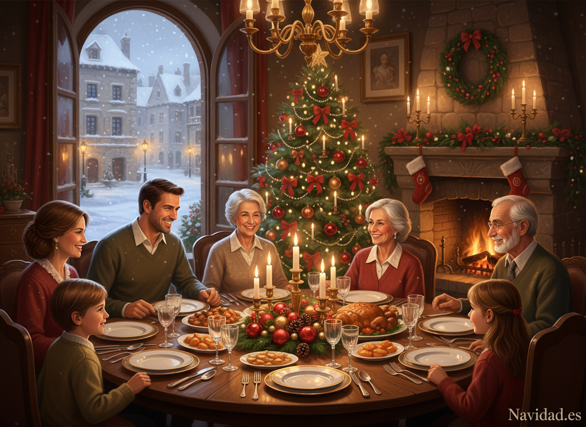 Familia celebrando la Navidad en Europa con tradiciones navideñas