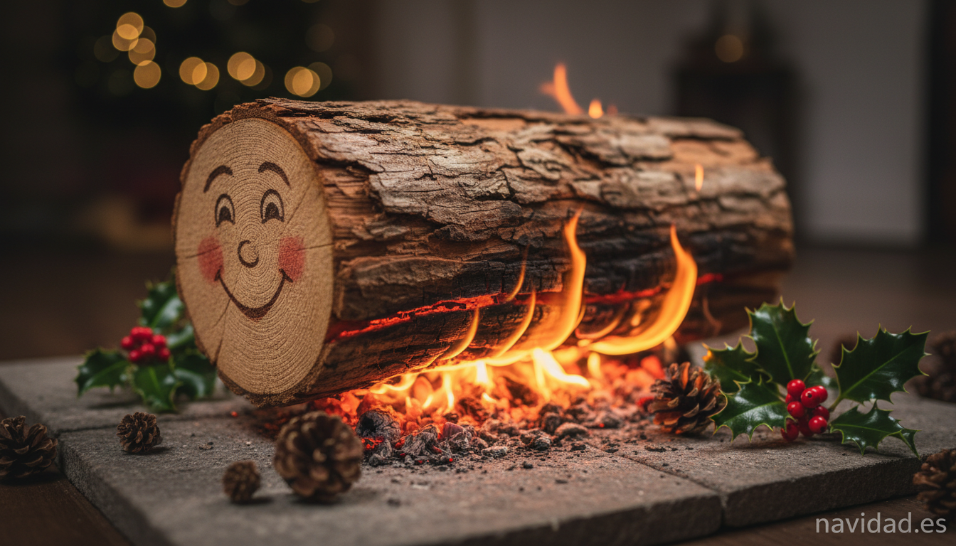 Símbolos de Navidad: colores, tronco, calcetines, piñas y flor de Pascua 1 Primer plano del tronco de Navidad tradicional ardiendo en la chimenea con piñas y acebo